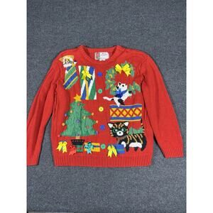 Vintage Ugly Christmas Sweater Red Knit Women’s XL Holiday Party Cats Bows